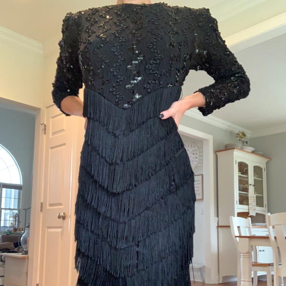 80s Fringe 3/4 Sleeve Sequin Black Cocktail Dress
